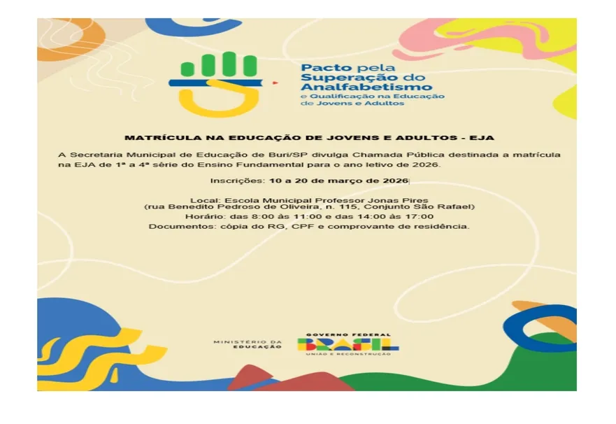 Prefeitura abre matrícula para Educação de Jovens e Adultos em 2026